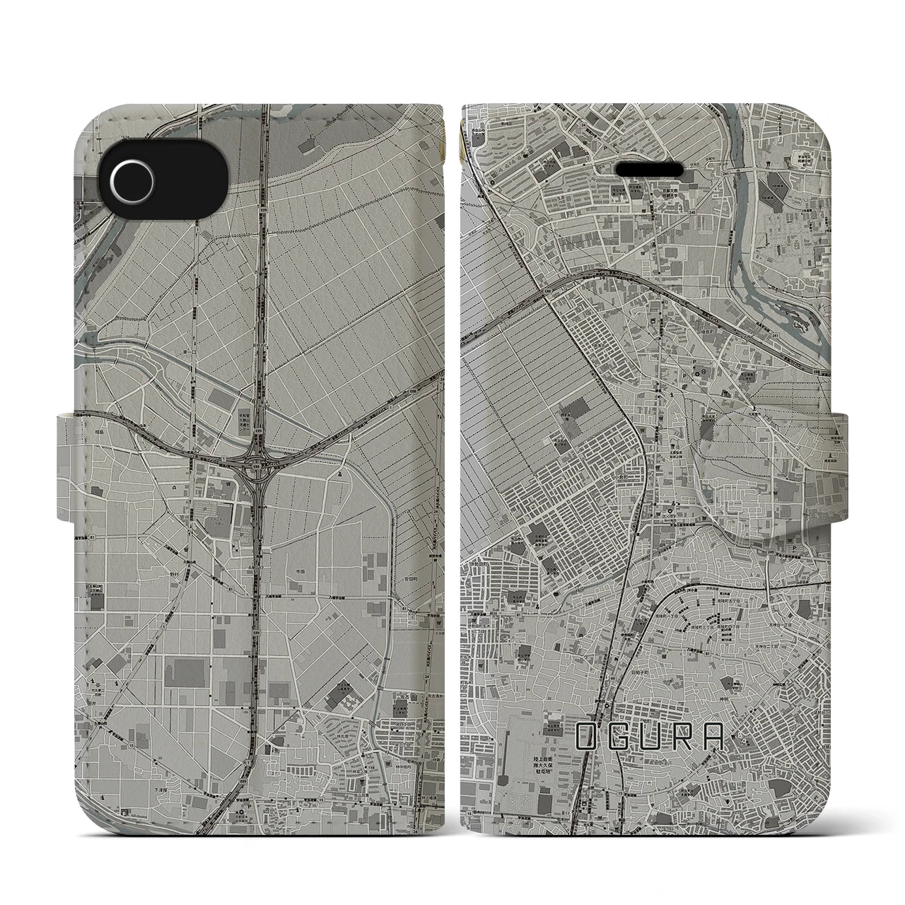 【小倉(京都府)】地図柄iPhoneケース(手帳タイプ)モノトーン・iPhone SE(第3 / 第2世代) / 8 / 7 / 6s / 6 用