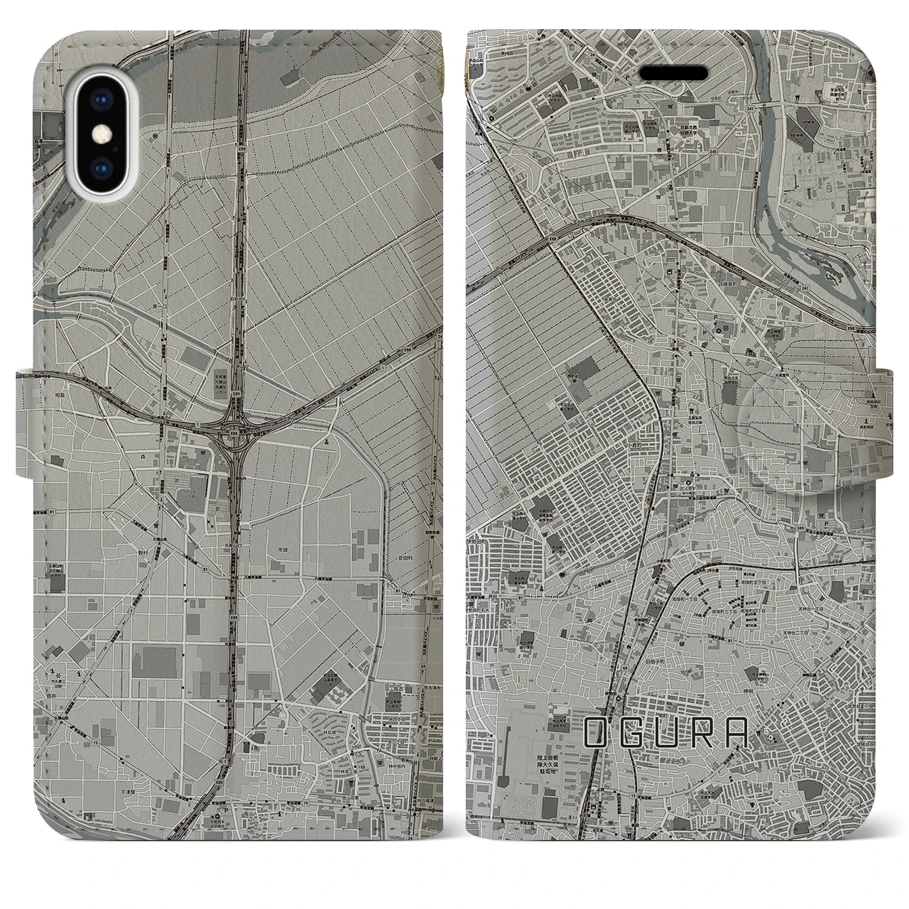 【小倉(京都府)】地図柄iPhoneケース(手帳タイプ)モノトーン・iPhone XS Max 用
