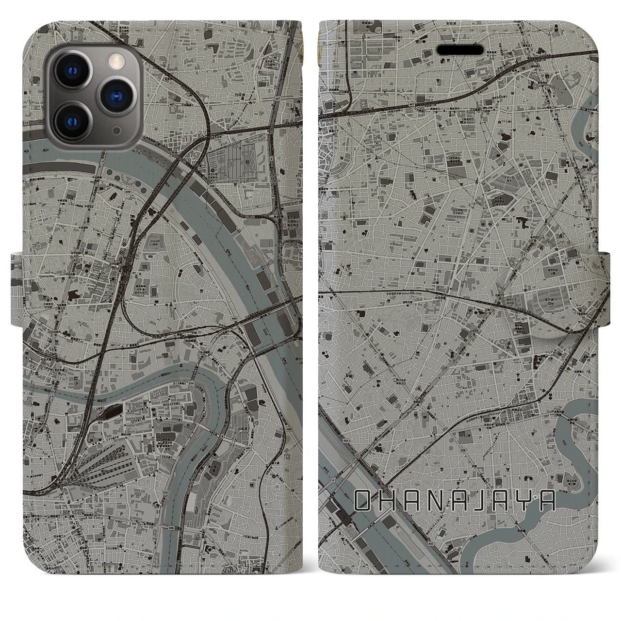 【お花茶屋(東京都)】地図柄iPhoneケース(手帳タイプ)モノトーン・iPhone 11 Pro Max 用