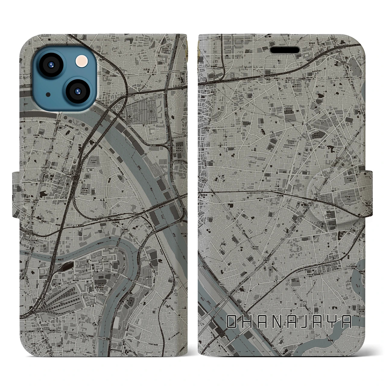 【お花茶屋(東京都)】地図柄iPhoneケース(手帳タイプ)モノトーン・iPhone 13 用