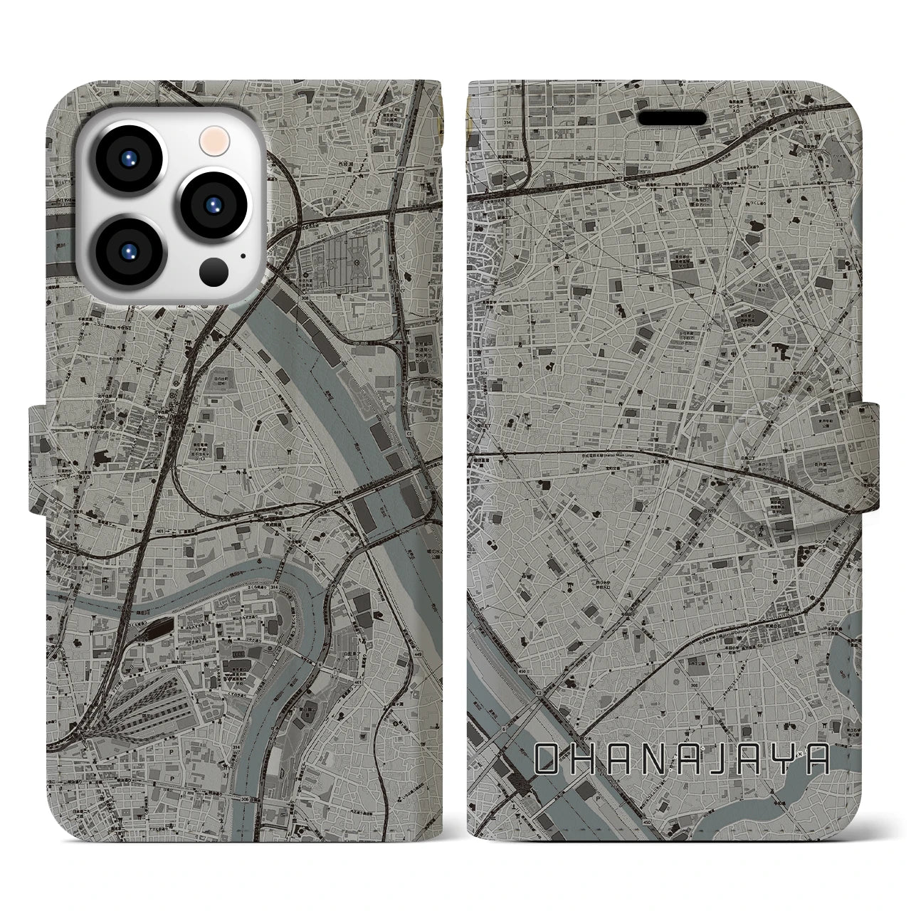 【お花茶屋(東京都)】地図柄iPhoneケース(手帳タイプ)モノトーン・iPhone 13 Pro 用