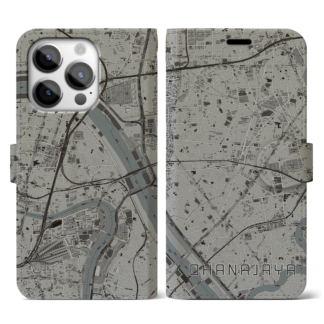 【お花茶屋(東京都)】地図柄iPhoneケース(手帳タイプ)モノトーン・iPhone 14 Pro 用