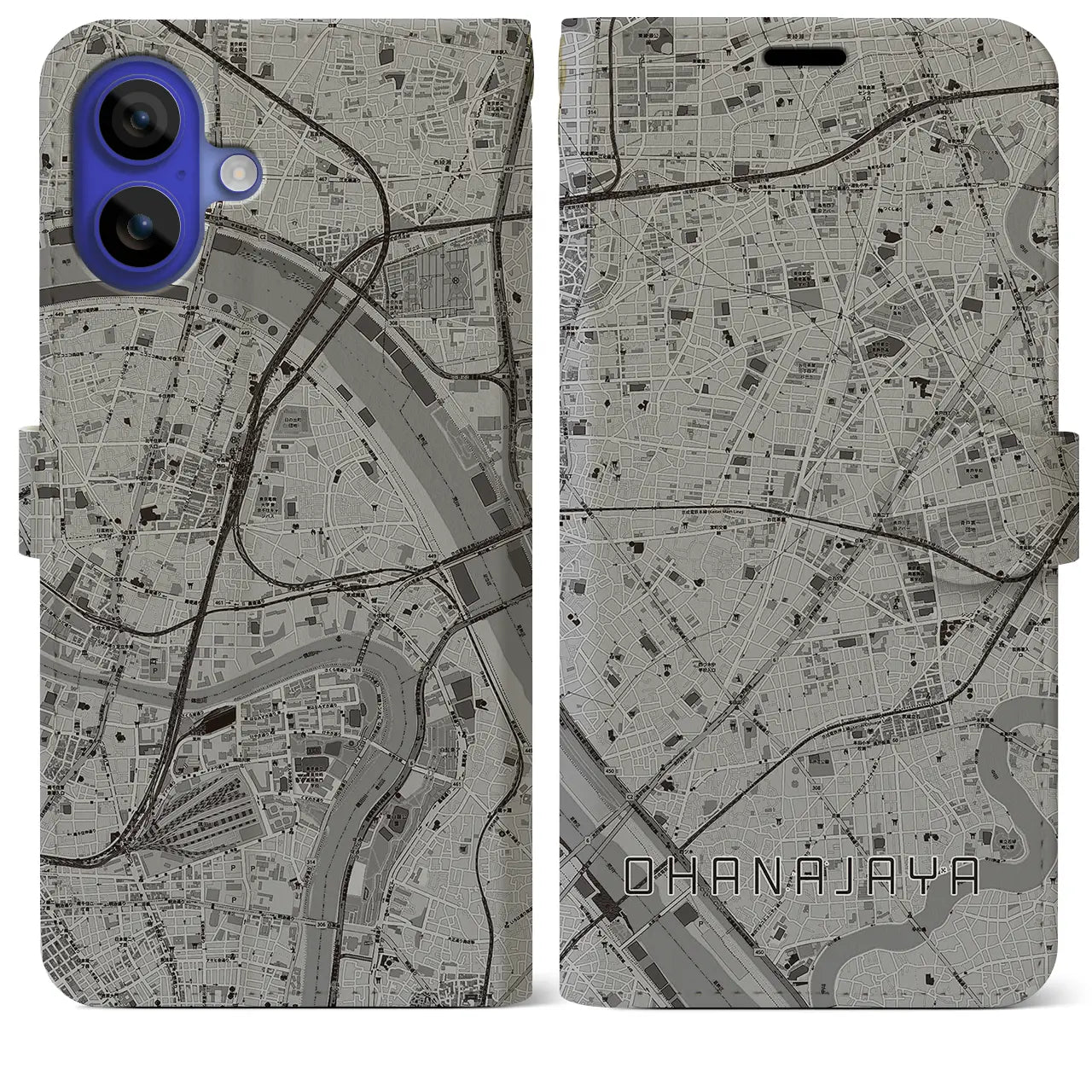 【お花茶屋(東京都)】地図柄iPhoneケース(手帳タイプ)モノトーン・iPhone 16 Pro Max 用