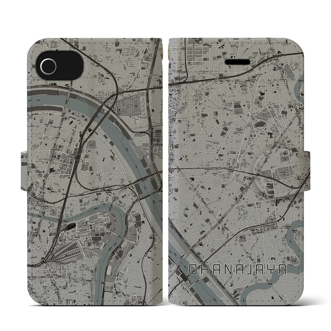 【お花茶屋(東京都)】地図柄iPhoneケース(手帳タイプ)モノトーン・iPhone SE(第3 / 第2世代) / 8 / 7 / 6s / 6 用