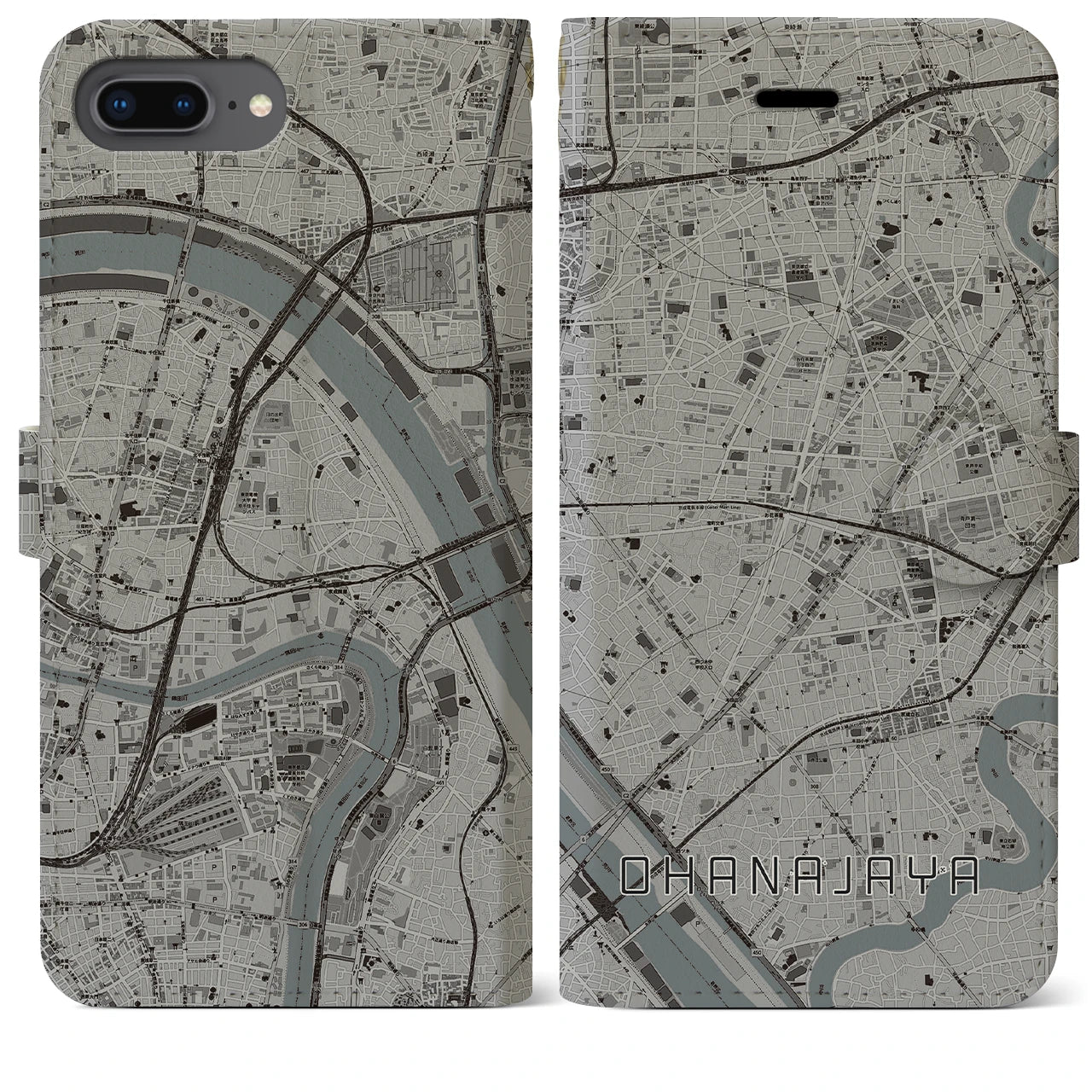 【お花茶屋(東京都)】地図柄iPhoneケース(手帳タイプ)モノトーン・iPhone 8Plus /7Plus / 6sPlus / 6Plus 用