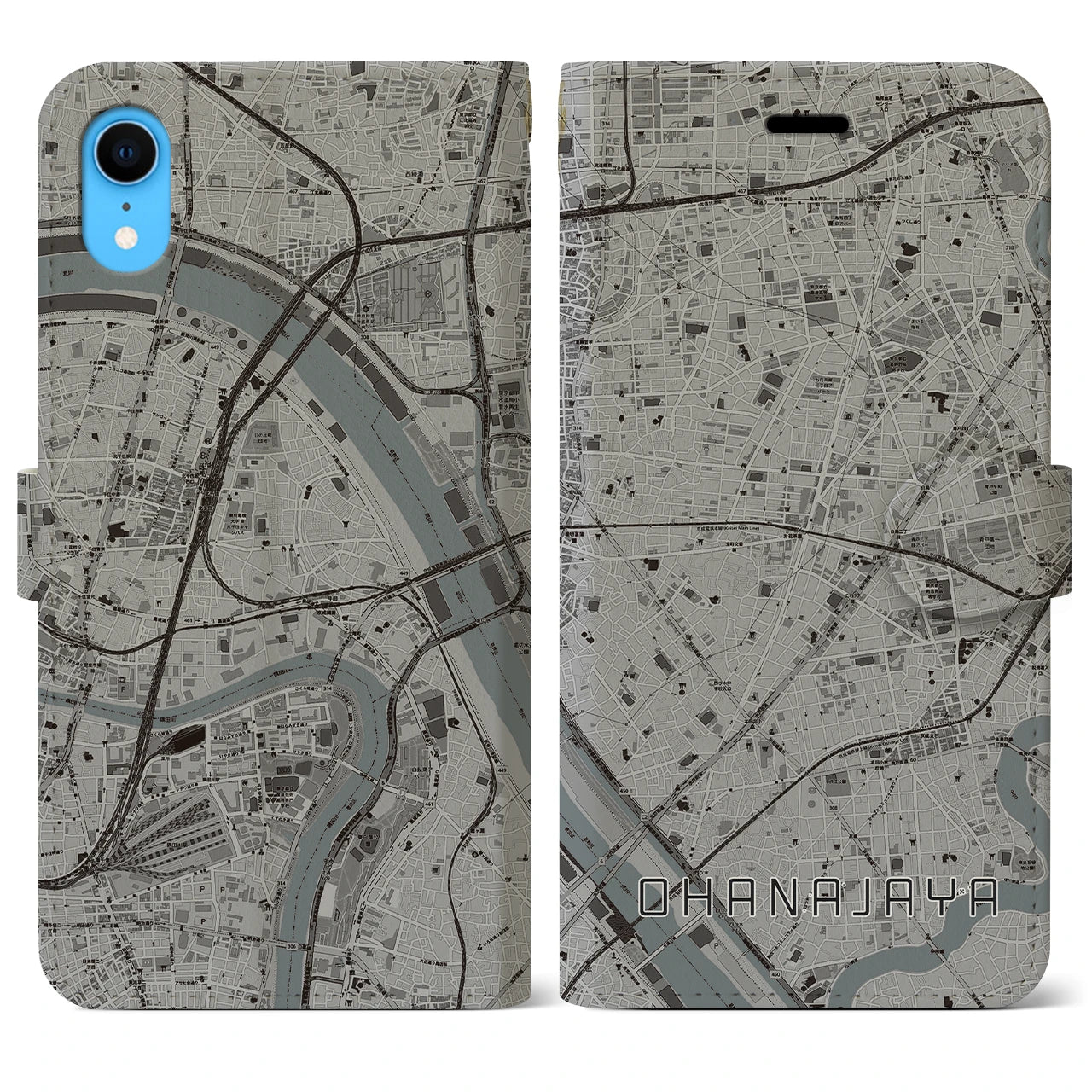 【お花茶屋(東京都)】地図柄iPhoneケース(手帳タイプ)モノトーン・iPhone XR 用