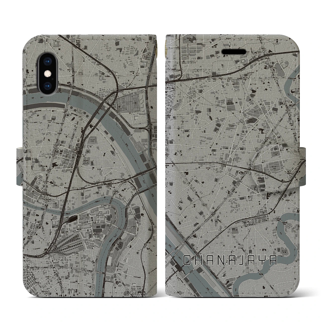 【お花茶屋(東京都)】地図柄iPhoneケース(手帳タイプ)モノトーン・iPhone XS / X 用