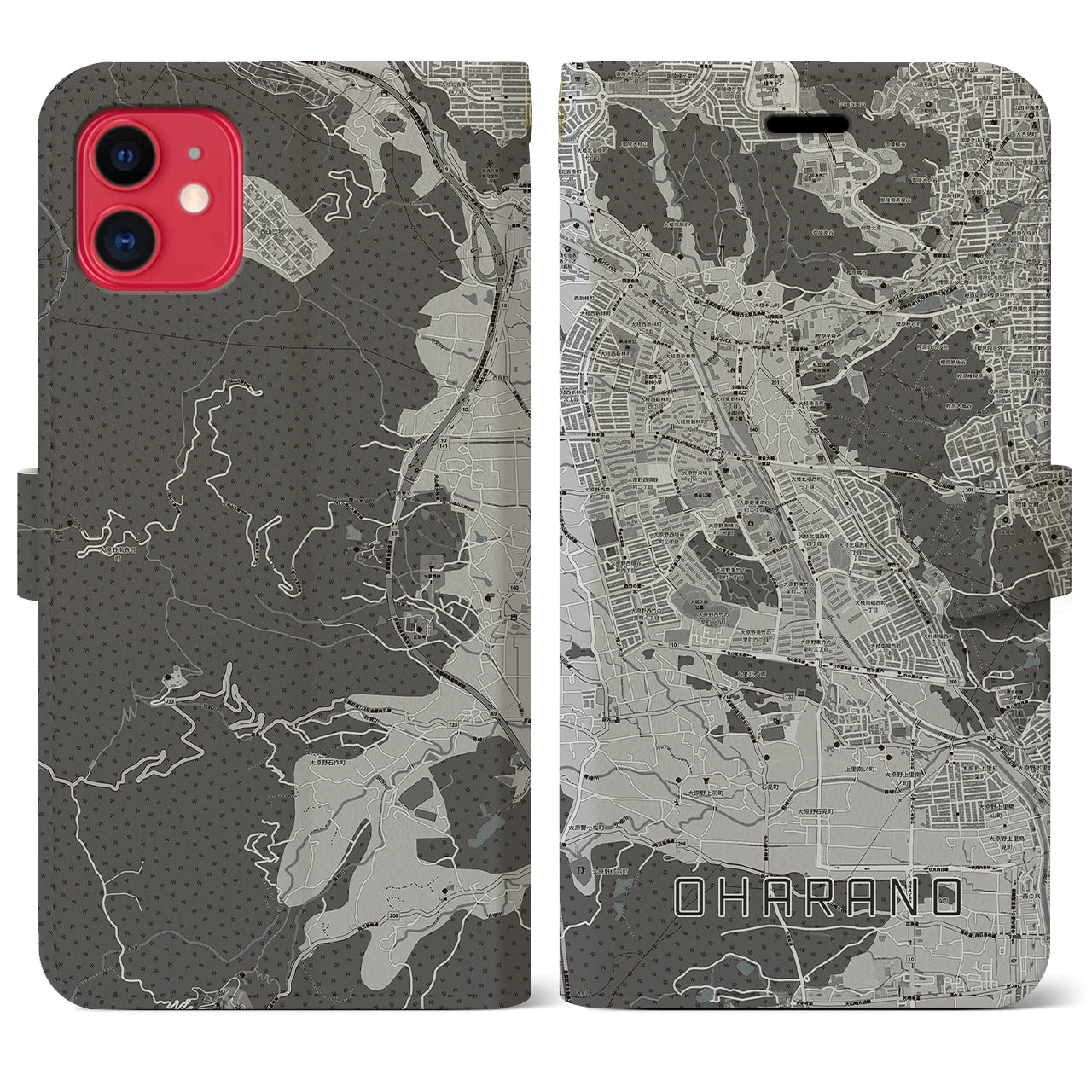 【大原野(京都府)】地図柄iPhoneケース(手帳タイプ)モノトーン・iPhone 11 用