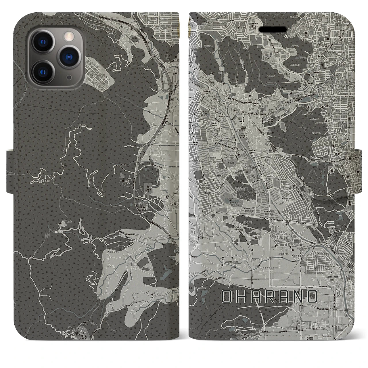 【大原野(京都府)】地図柄iPhoneケース(手帳タイプ)モノトーン・iPhone 11 Pro Max 用