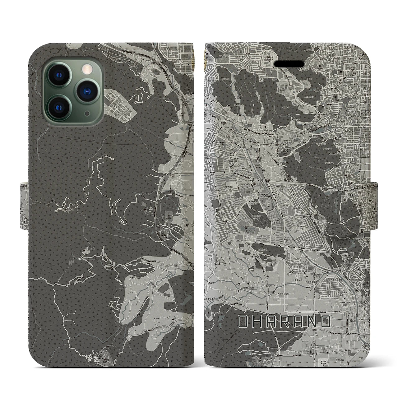 【大原野(京都府)】地図柄iPhoneケース(手帳タイプ)モノトーン・iPhone 11 Pro 用