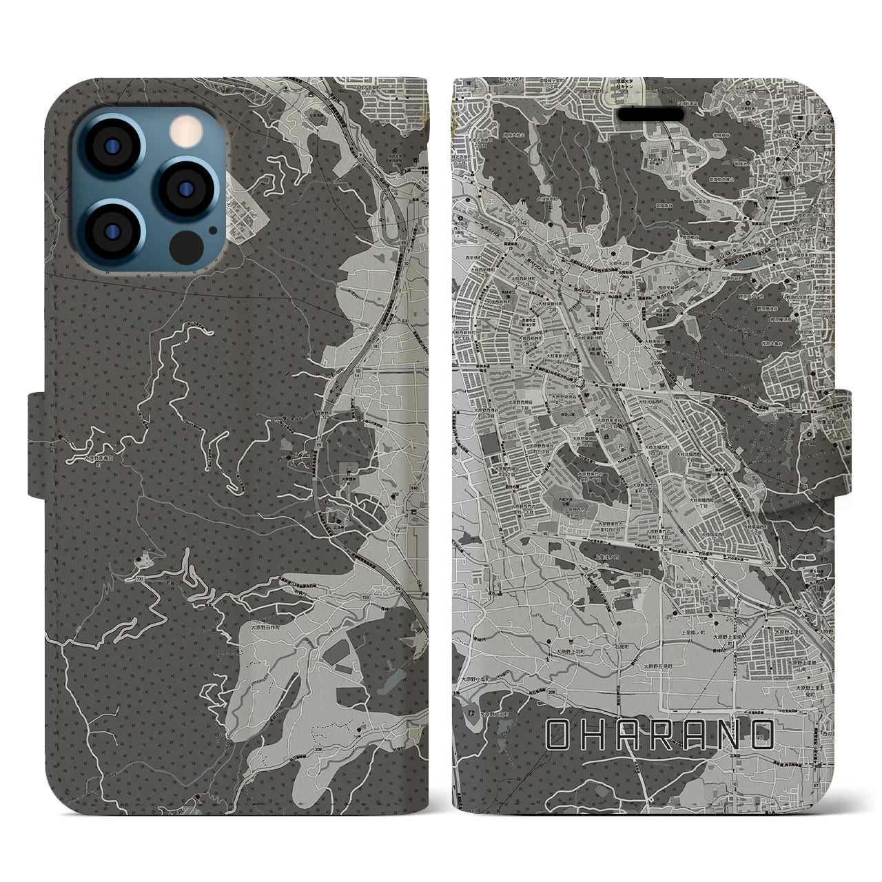 【大原野(京都府)】地図柄iPhoneケース(手帳タイプ)モノトーン・iPhone 12 / 12 Pro 用