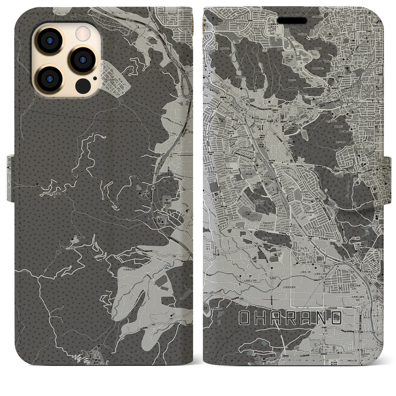 【大原野(京都府)】地図柄iPhoneケース(手帳タイプ)モノトーン・iPhone 12 Pro Max 用