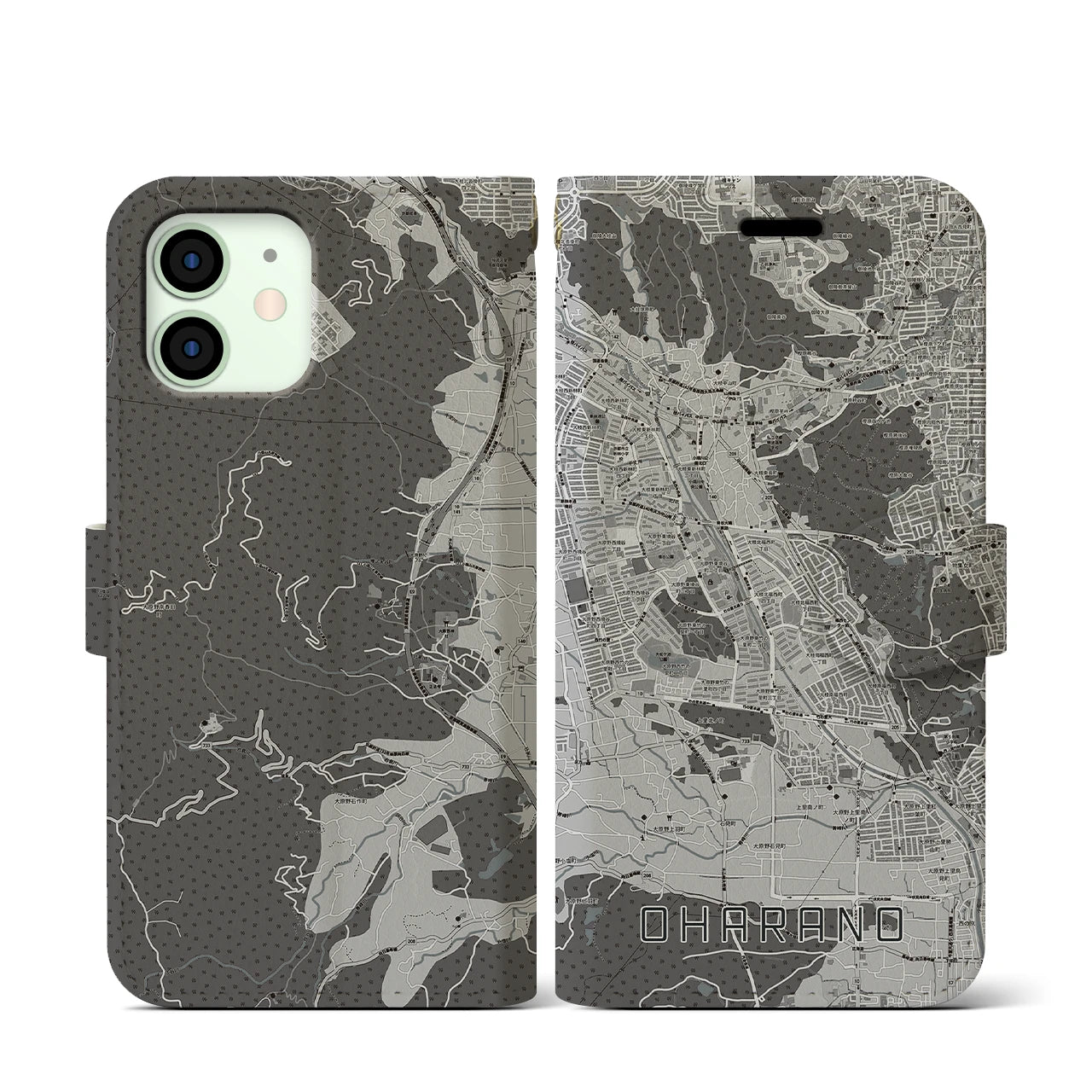 【大原野(京都府)】地図柄iPhoneケース(手帳タイプ)モノトーン・iPhone 12 mini 用