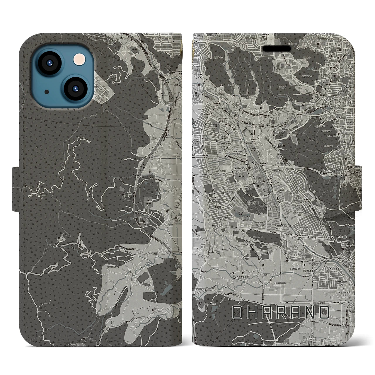 【大原野(京都府)】地図柄iPhoneケース(手帳タイプ)モノトーン・iPhone 13 用