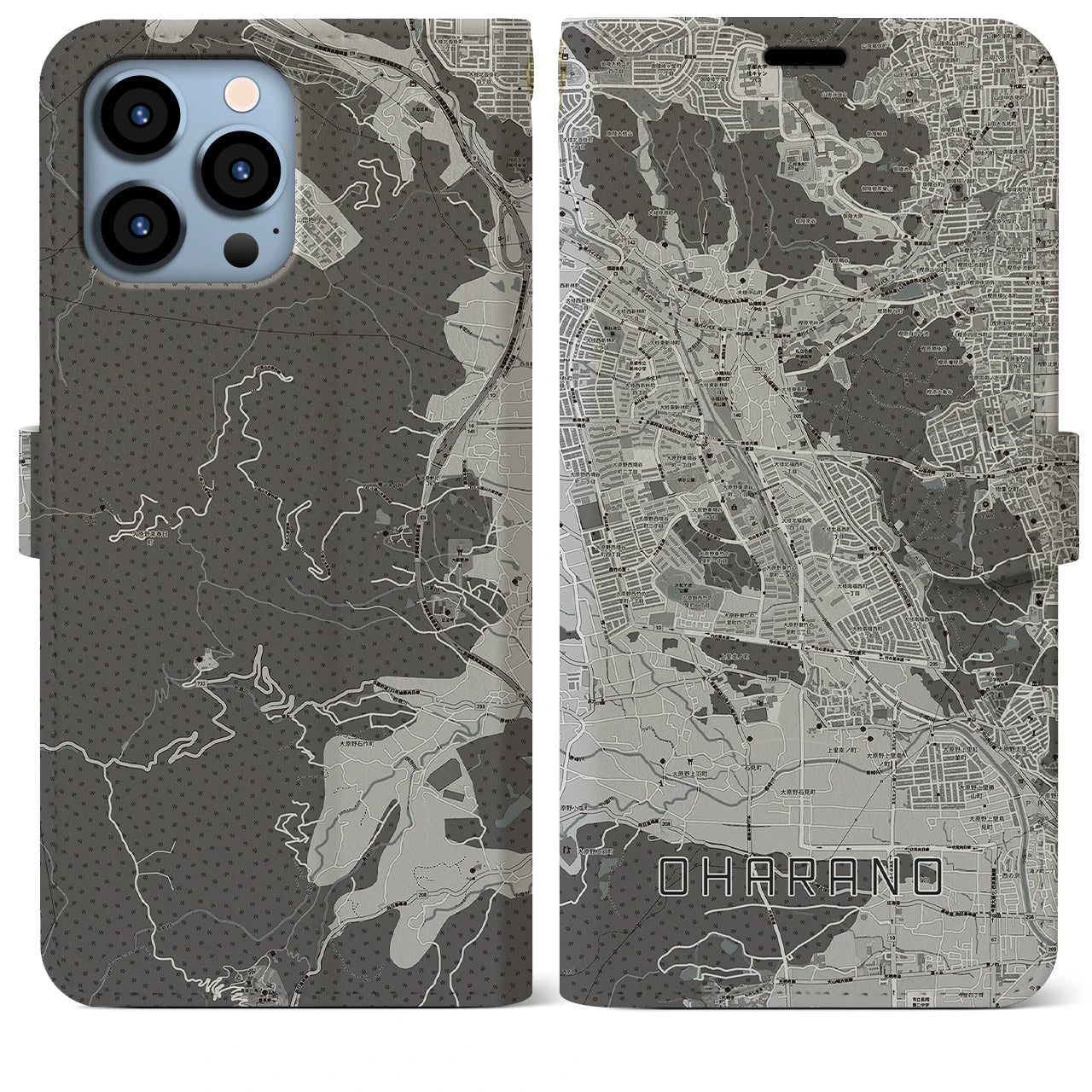 【大原野(京都府)】地図柄iPhoneケース(手帳タイプ)モノトーン・iPhone 13 Pro Max 用