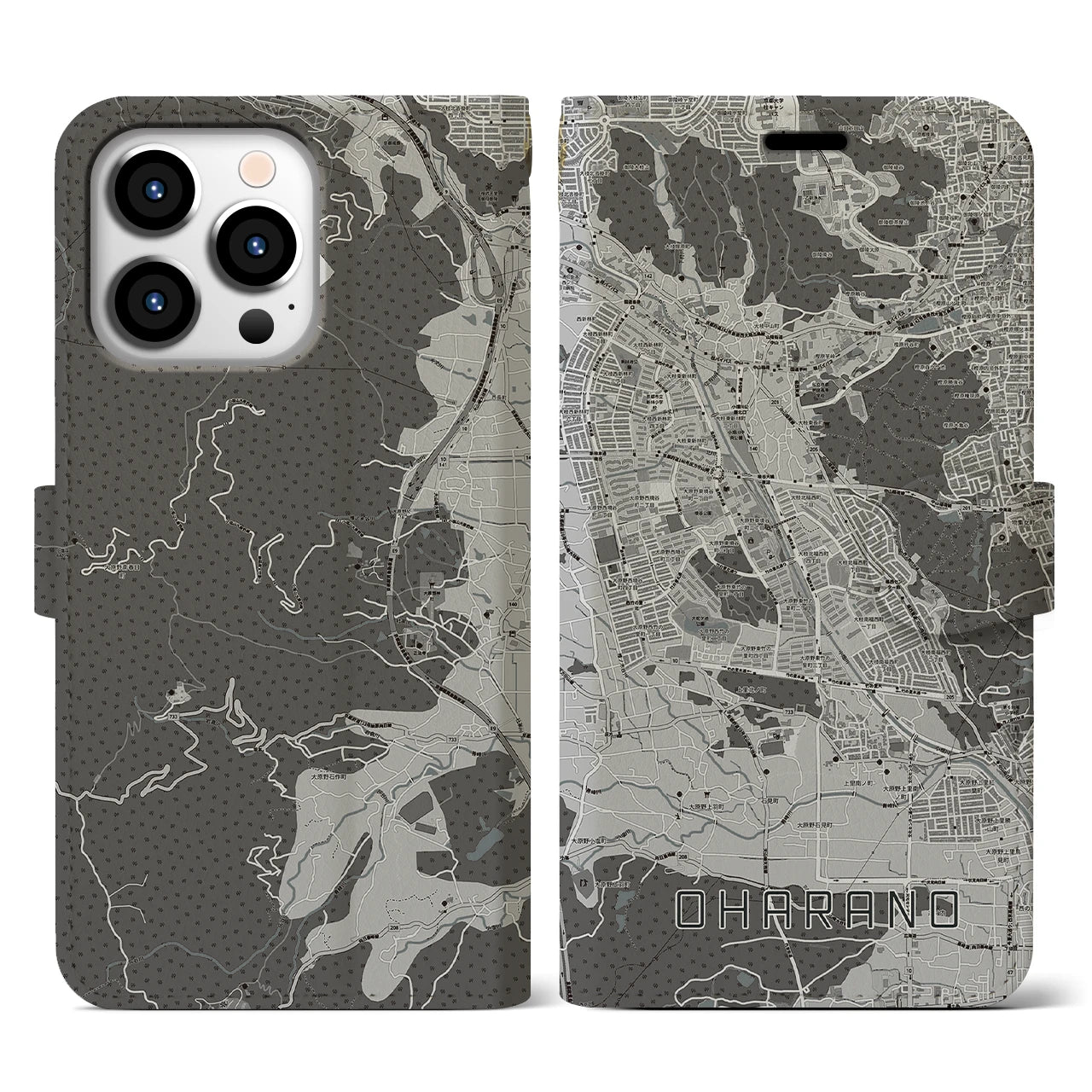 【大原野(京都府)】地図柄iPhoneケース(手帳タイプ)モノトーン・iPhone 13 Pro 用