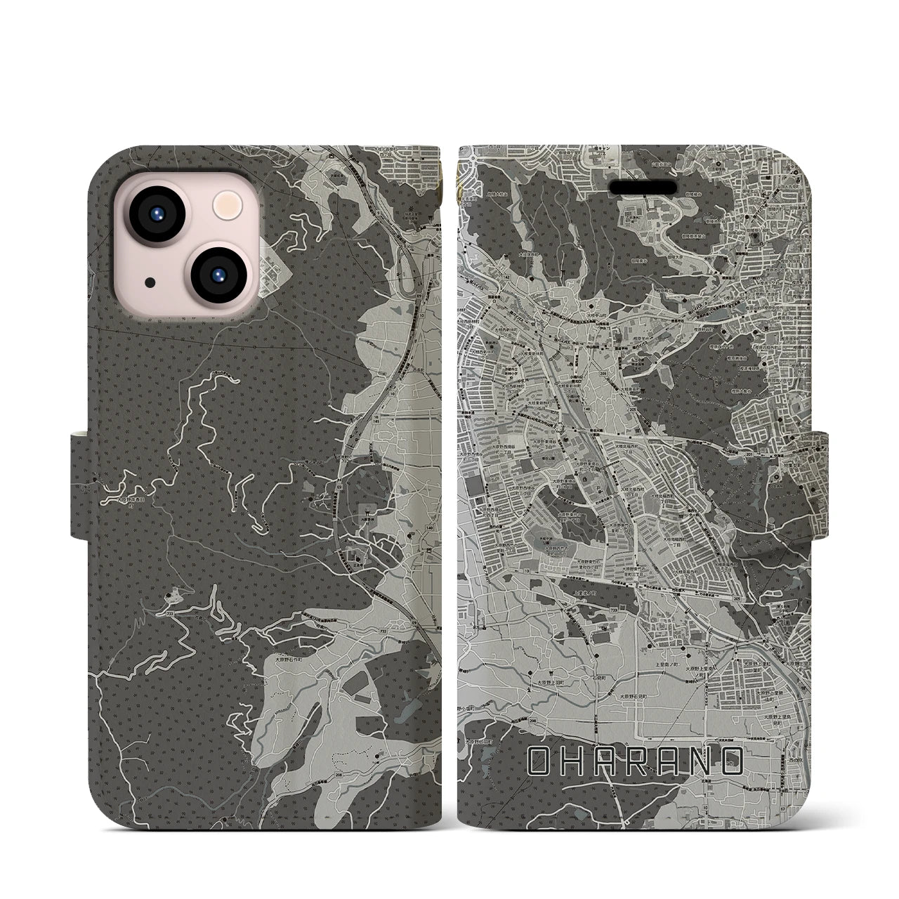 【大原野(京都府)】地図柄iPhoneケース(手帳タイプ)モノトーン・iPhone 13 mini 用