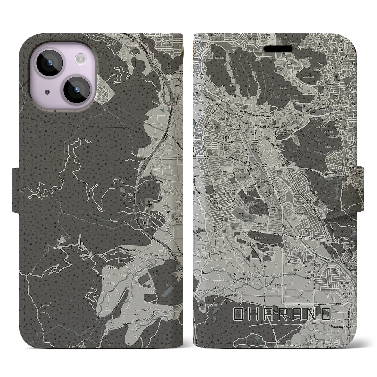 【大原野(京都府)】地図柄iPhoneケース(手帳タイプ)モノトーン・iPhone 14 用