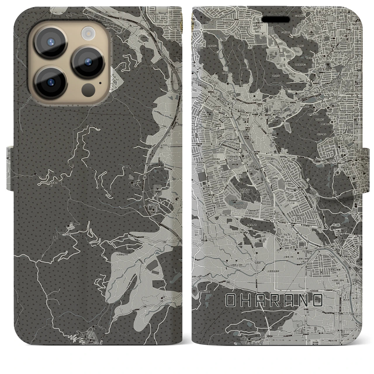 【大原野(京都府)】地図柄iPhoneケース(手帳タイプ)モノトーン・iPhone 14 Pro Max 用