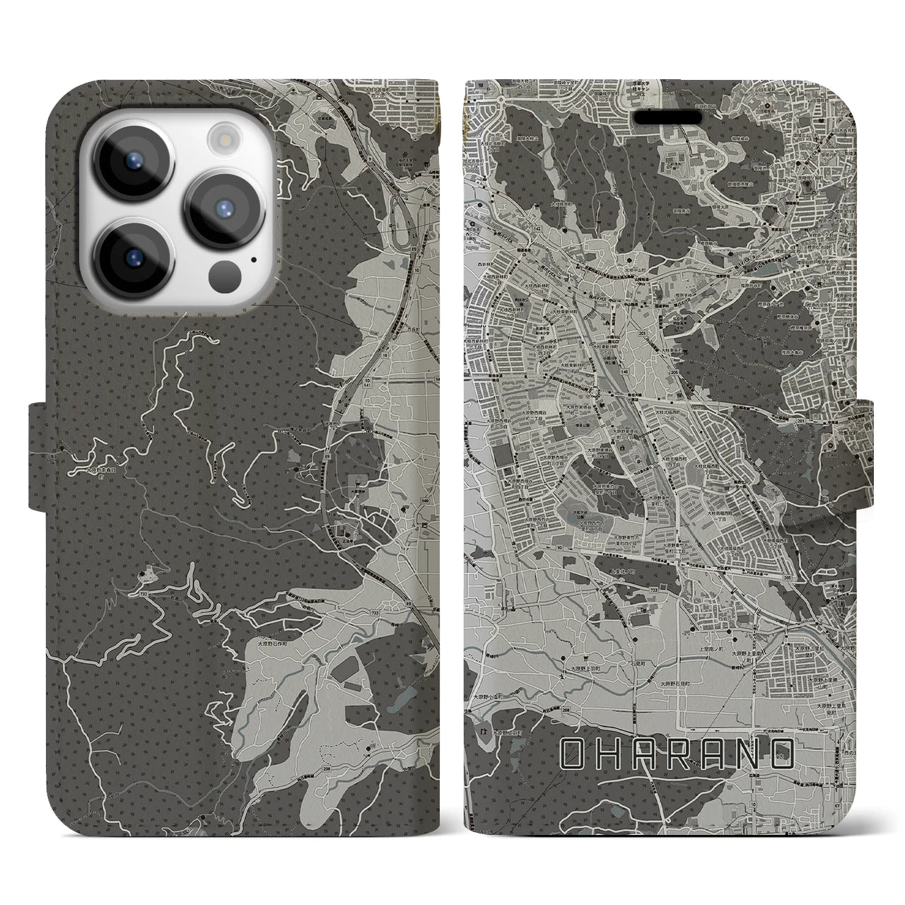 【大原野(京都府)】地図柄iPhoneケース(手帳タイプ)モノトーン・iPhone 14 Pro 用