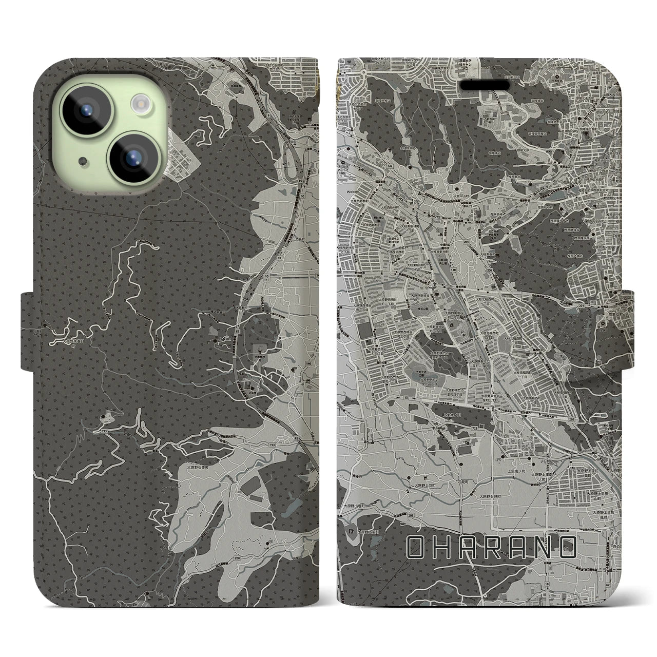 【大原野(京都府)】地図柄iPhoneケース(手帳タイプ)モノトーン・iPhone 15 用