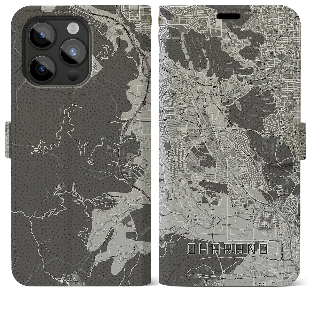 【大原野(京都府)】地図柄iPhoneケース(手帳タイプ)モノトーン・iPhone 15 Pro Max 用
