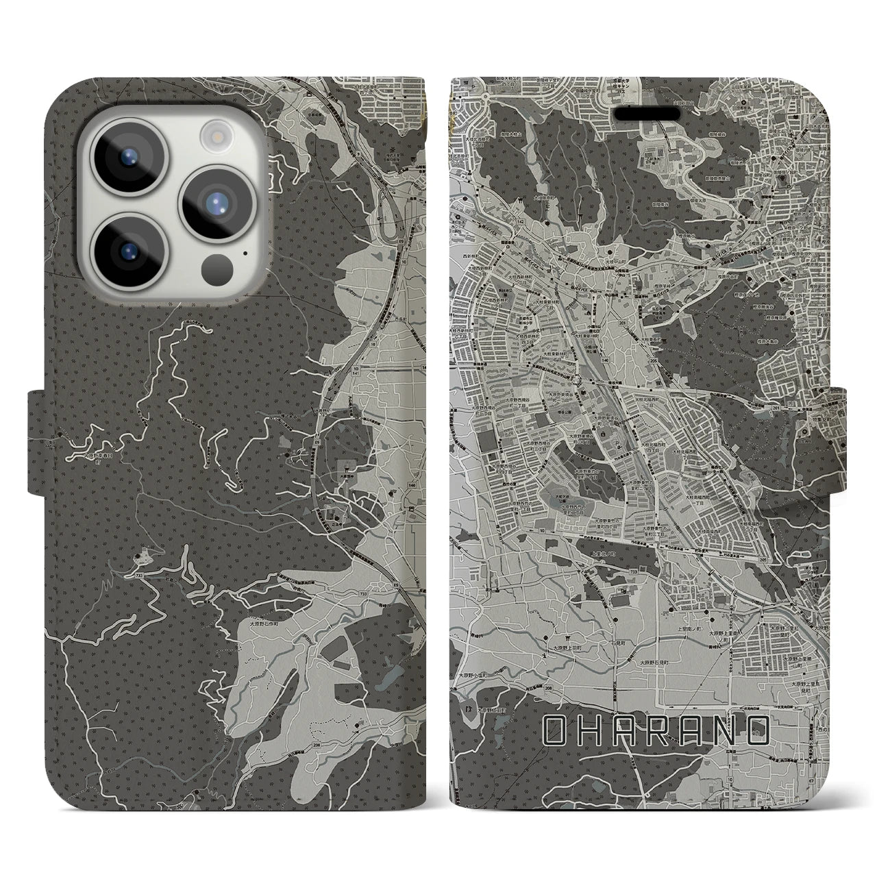 【大原野(京都府)】地図柄iPhoneケース(手帳タイプ)モノトーン・iPhone 15 Pro 用