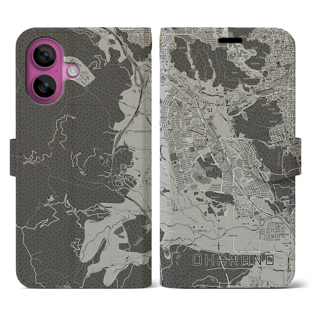 【大原野(京都府)】地図柄iPhoneケース(手帳タイプ)モノトーン・iPhone 16 Pro 用