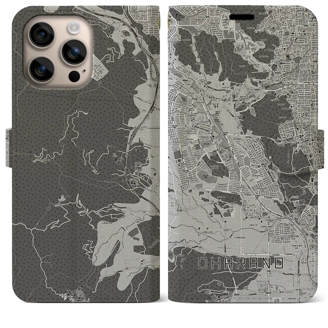 【大原野(京都府)】地図柄iPhoneケース(手帳タイプ)モノトーン・iPhone 16 Plus 用
