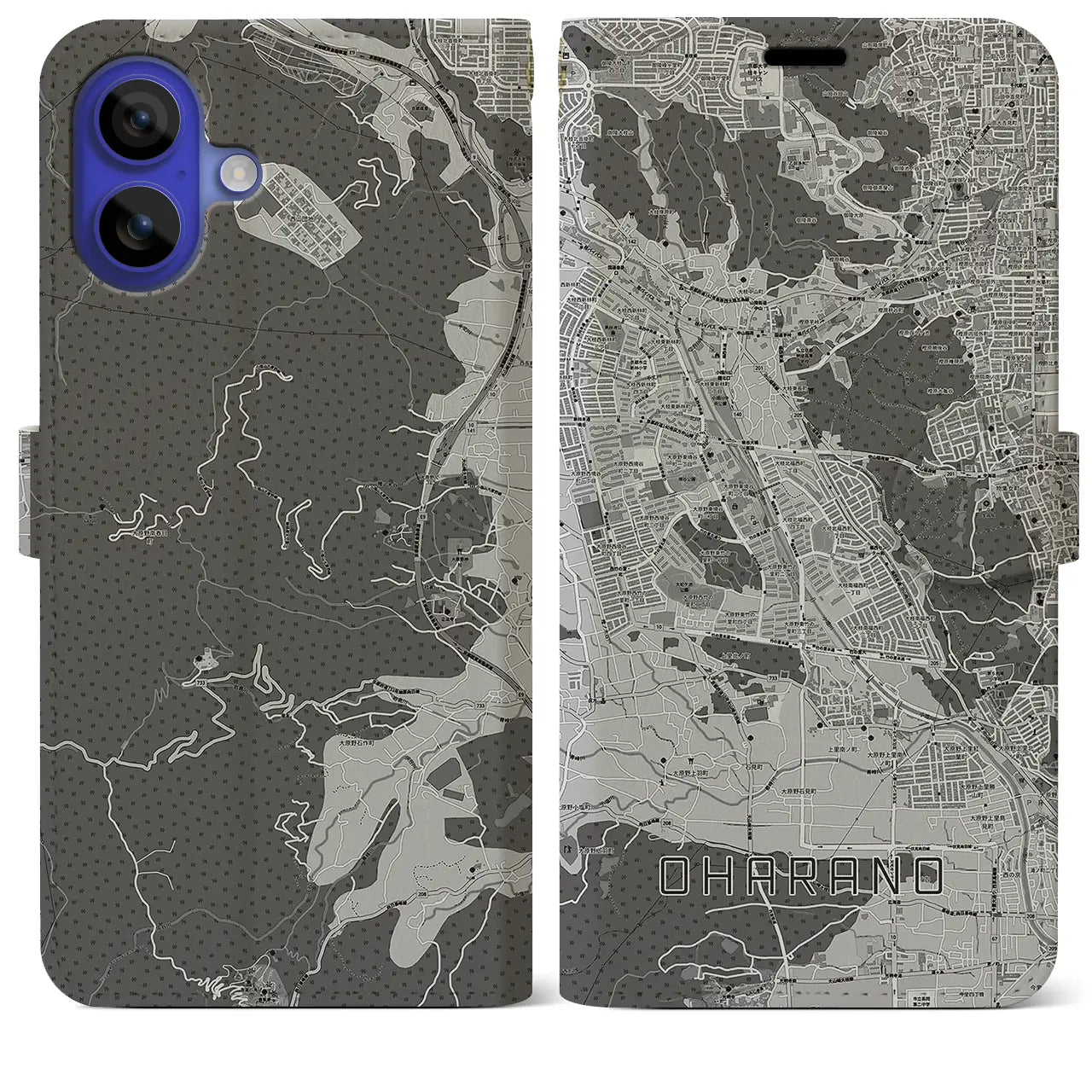 【大原野(京都府)】地図柄iPhoneケース(手帳タイプ)モノトーン・iPhone 16 Pro Max 用
