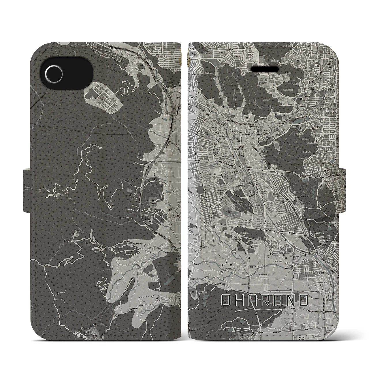 【大原野(京都府)】地図柄iPhoneケース(手帳タイプ)モノトーン・iPhone SE(第3 / 第2世代) / 8 / 7 / 6s / 6 用