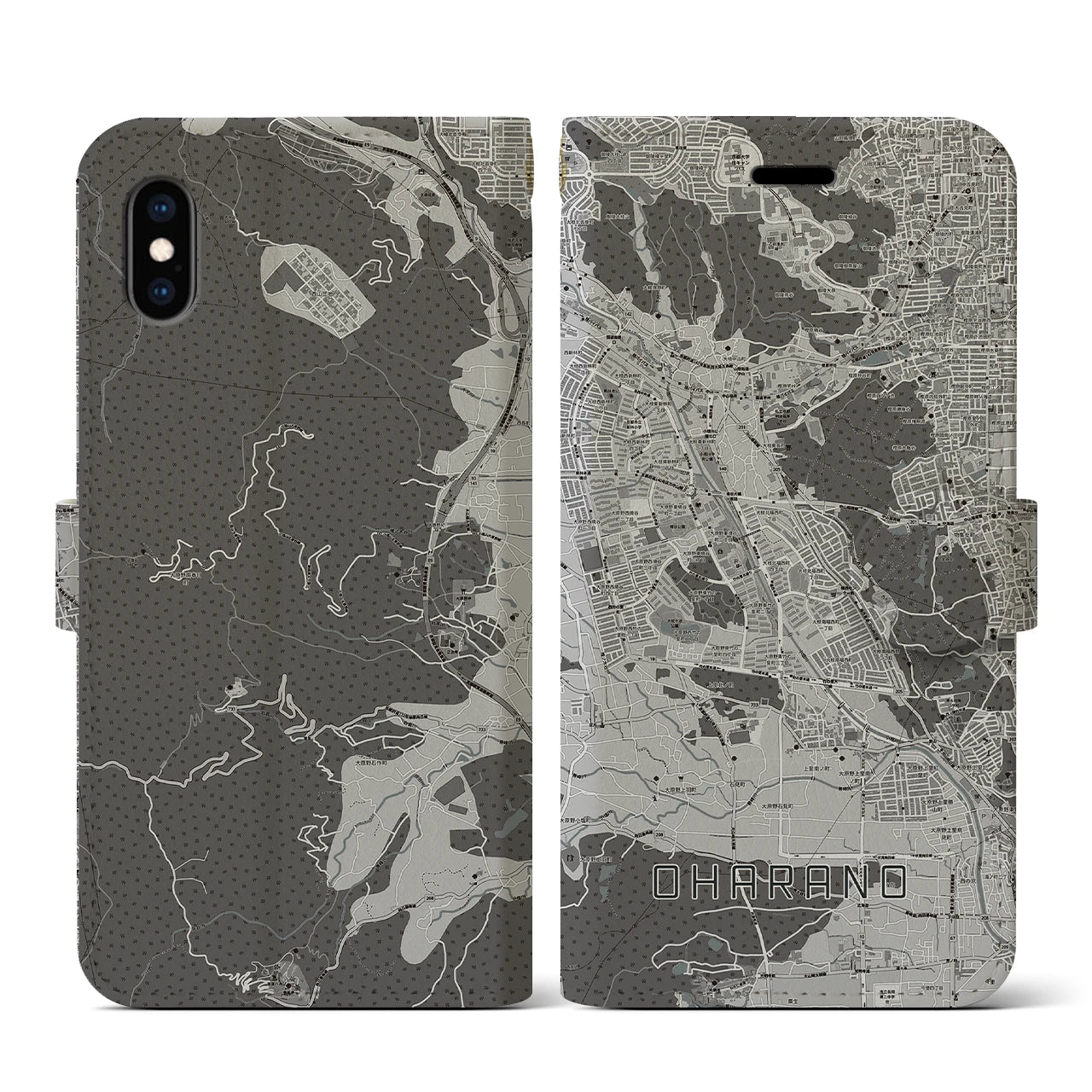 【大原野(京都府)】地図柄iPhoneケース(手帳タイプ)モノトーン・iPhone XS / X 用