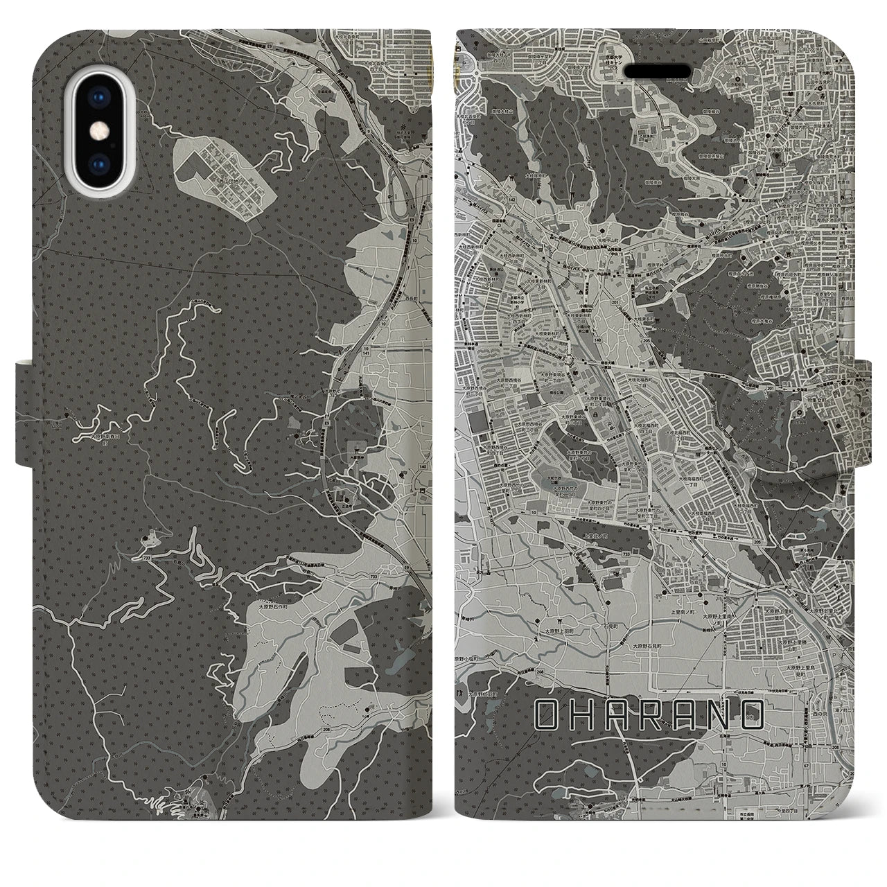 【大原野(京都府)】地図柄iPhoneケース(手帳タイプ)モノトーン・iPhone XS Max 用