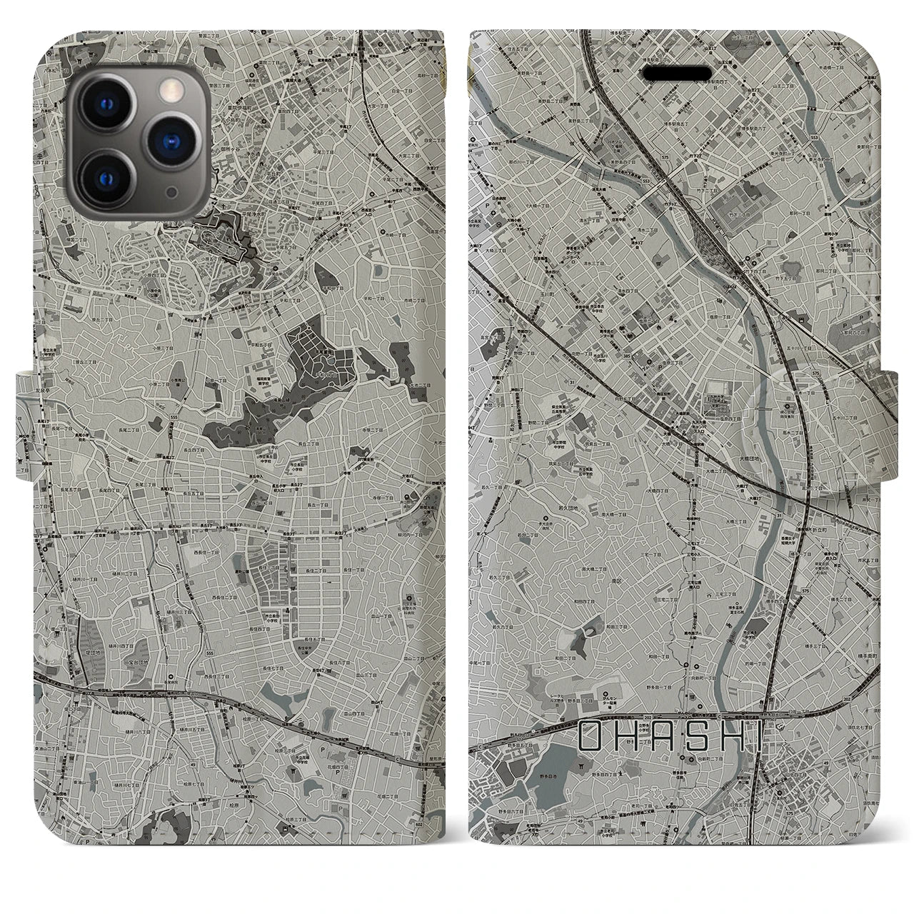 【大橋(福岡県)】地図柄iPhoneケース(手帳タイプ)モノトーン・iPhone 11 Pro Max 用