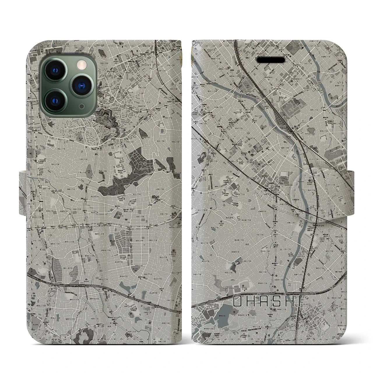 【大橋(福岡県)】地図柄iPhoneケース(手帳タイプ)モノトーン・iPhone 11 Pro 用