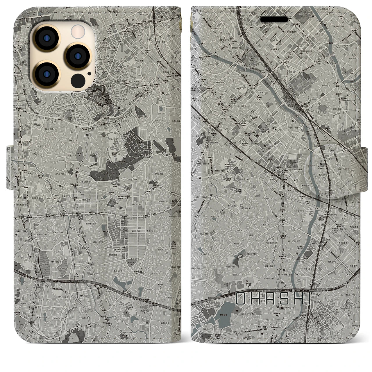 【大橋(福岡県)】地図柄iPhoneケース(手帳タイプ)モノトーン・iPhone 12 Pro Max 用