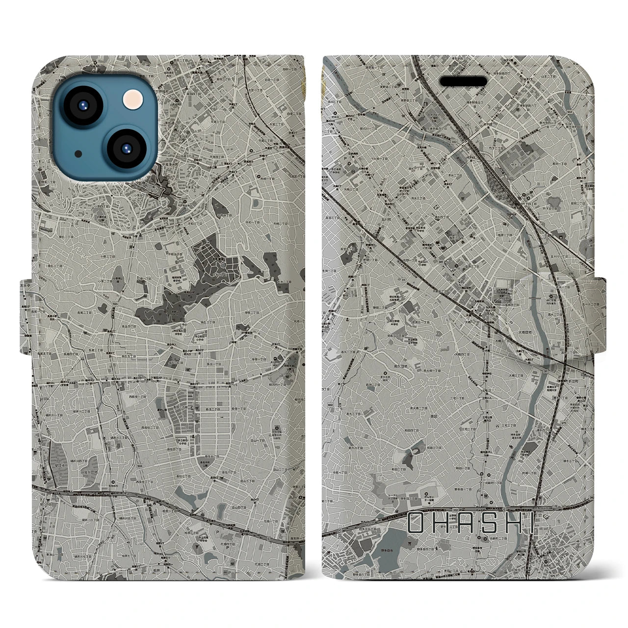 【大橋(福岡県)】地図柄iPhoneケース(手帳タイプ)モノトーン・iPhone 13 用