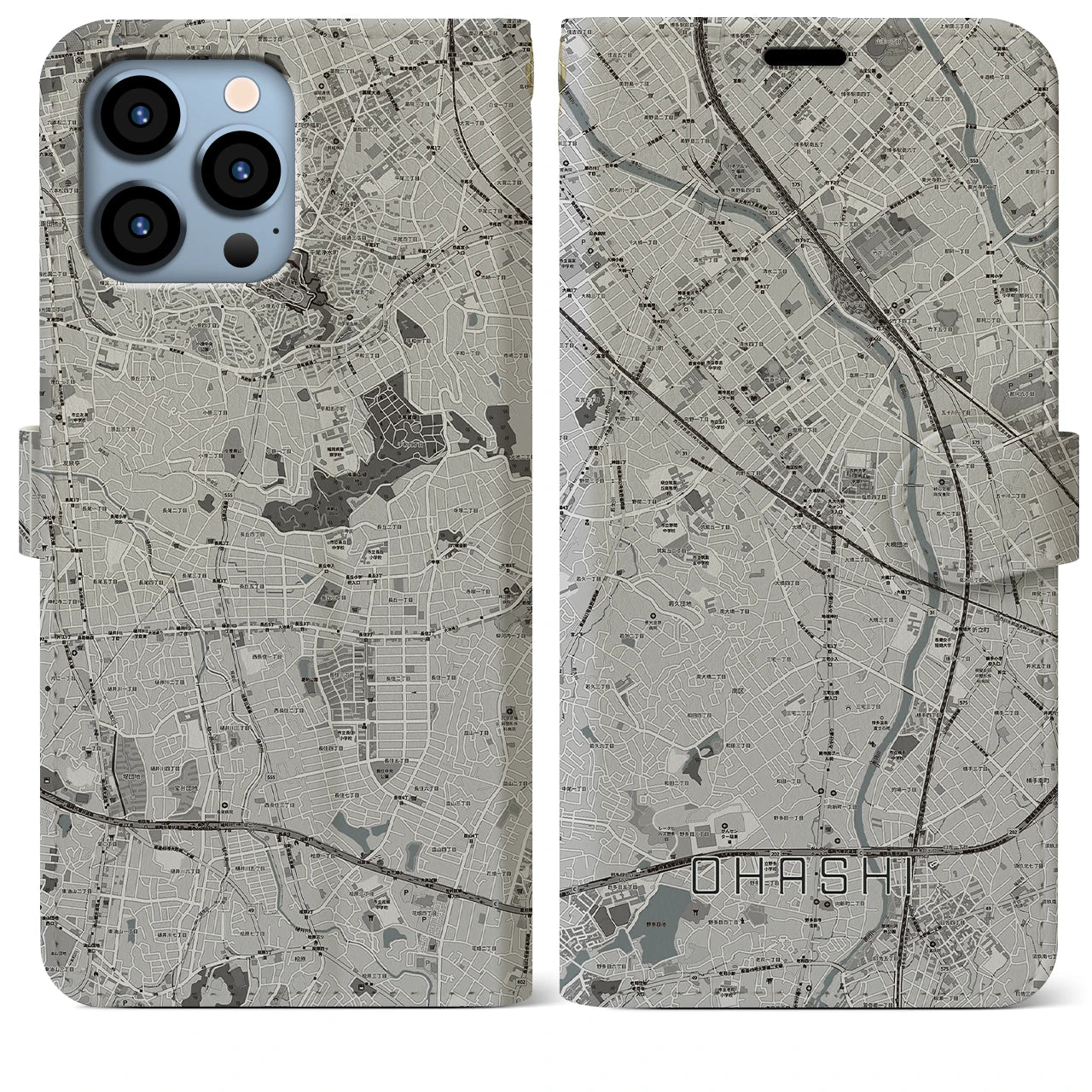 【大橋(福岡県)】地図柄iPhoneケース(手帳タイプ)モノトーン・iPhone 13 Pro Max 用