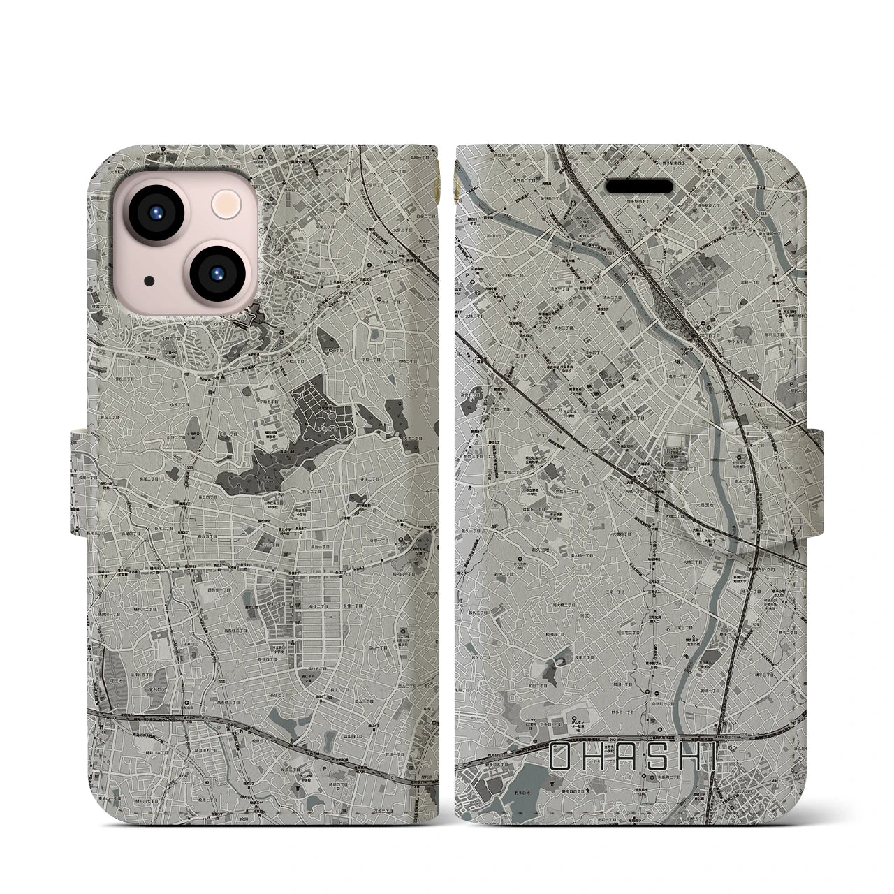 【大橋(福岡県)】地図柄iPhoneケース(手帳タイプ)モノトーン・iPhone 13 mini 用