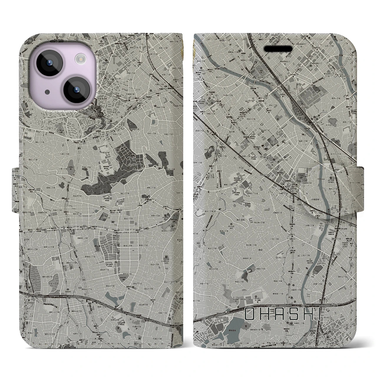 【大橋(福岡県)】地図柄iPhoneケース(手帳タイプ)モノトーン・iPhone 14 用