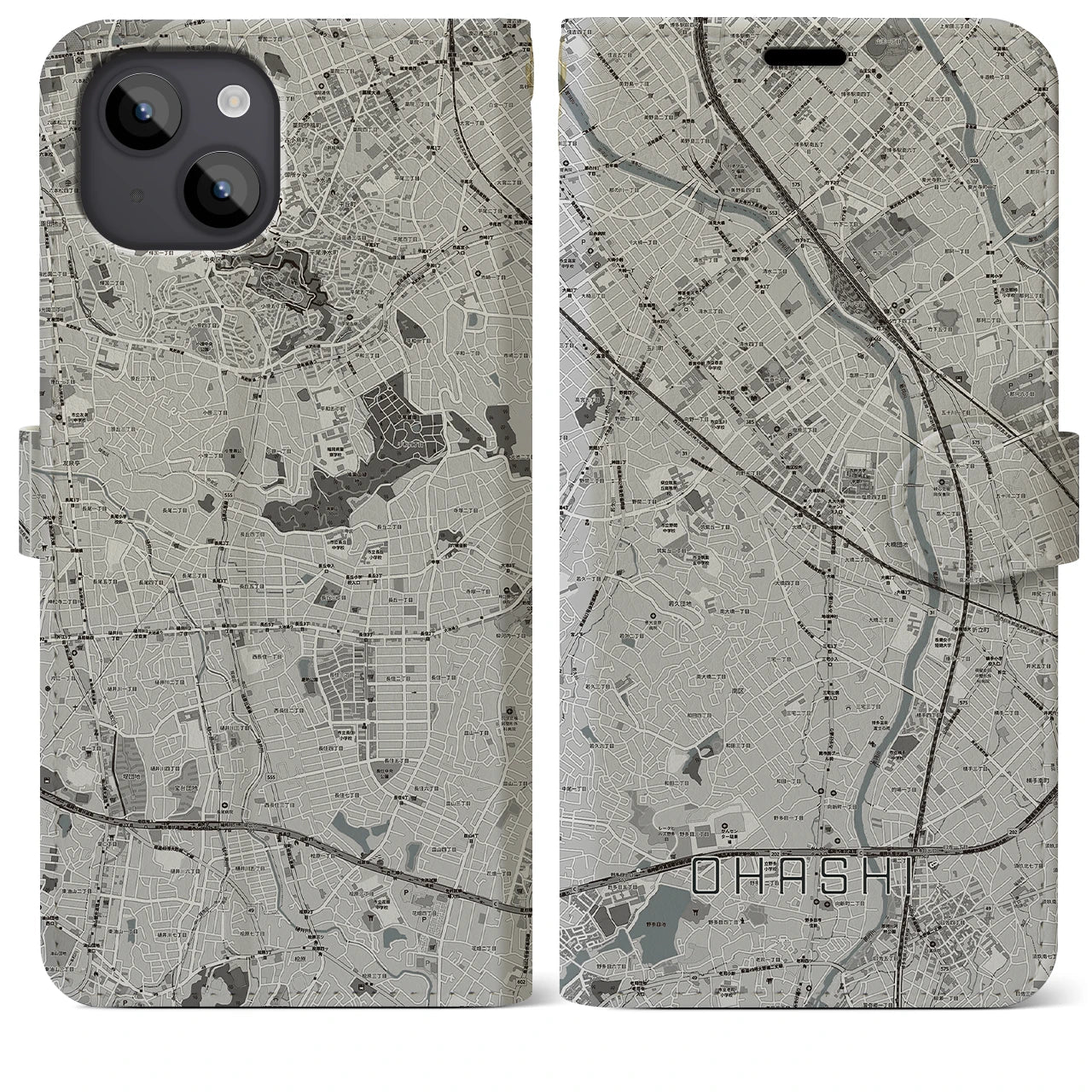 【大橋(福岡県)】地図柄iPhoneケース(手帳タイプ)モノトーン・iPhone 14 Plus 用