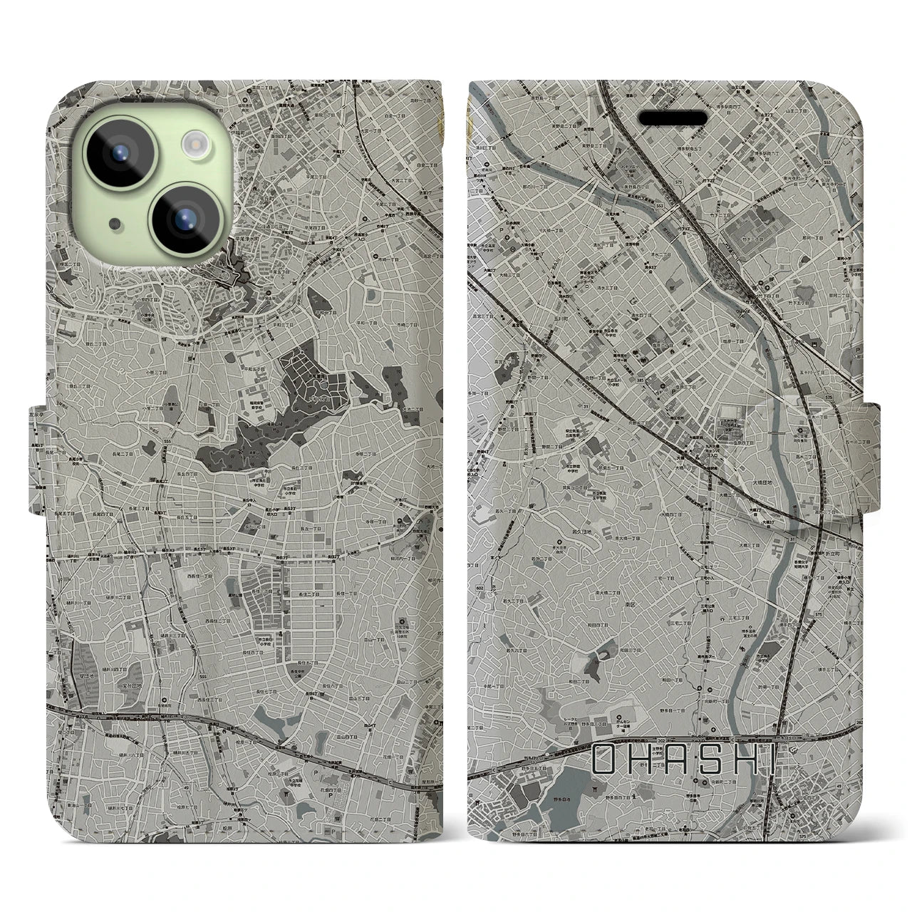 【大橋(福岡県)】地図柄iPhoneケース(手帳タイプ)モノトーン・iPhone 15 用