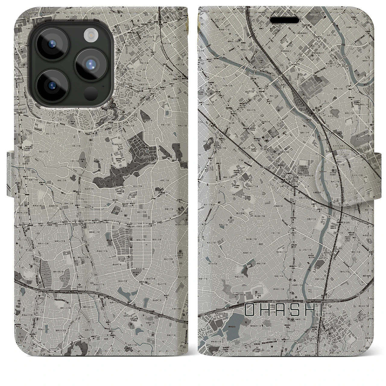 【大橋(福岡県)】地図柄iPhoneケース(手帳タイプ)モノトーン・iPhone 15 Pro Max 用