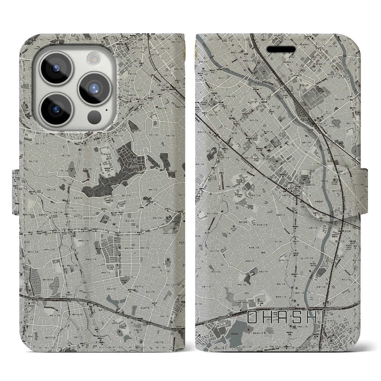 【大橋(福岡県)】地図柄iPhoneケース(手帳タイプ)モノトーン・iPhone 15 Pro 用