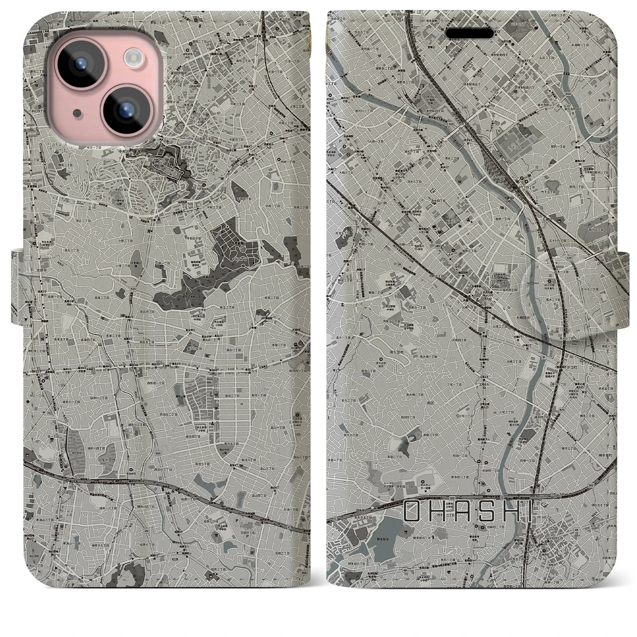 【大橋(福岡県)】地図柄iPhoneケース(手帳タイプ)モノトーン・iPhone 15 Plus 用