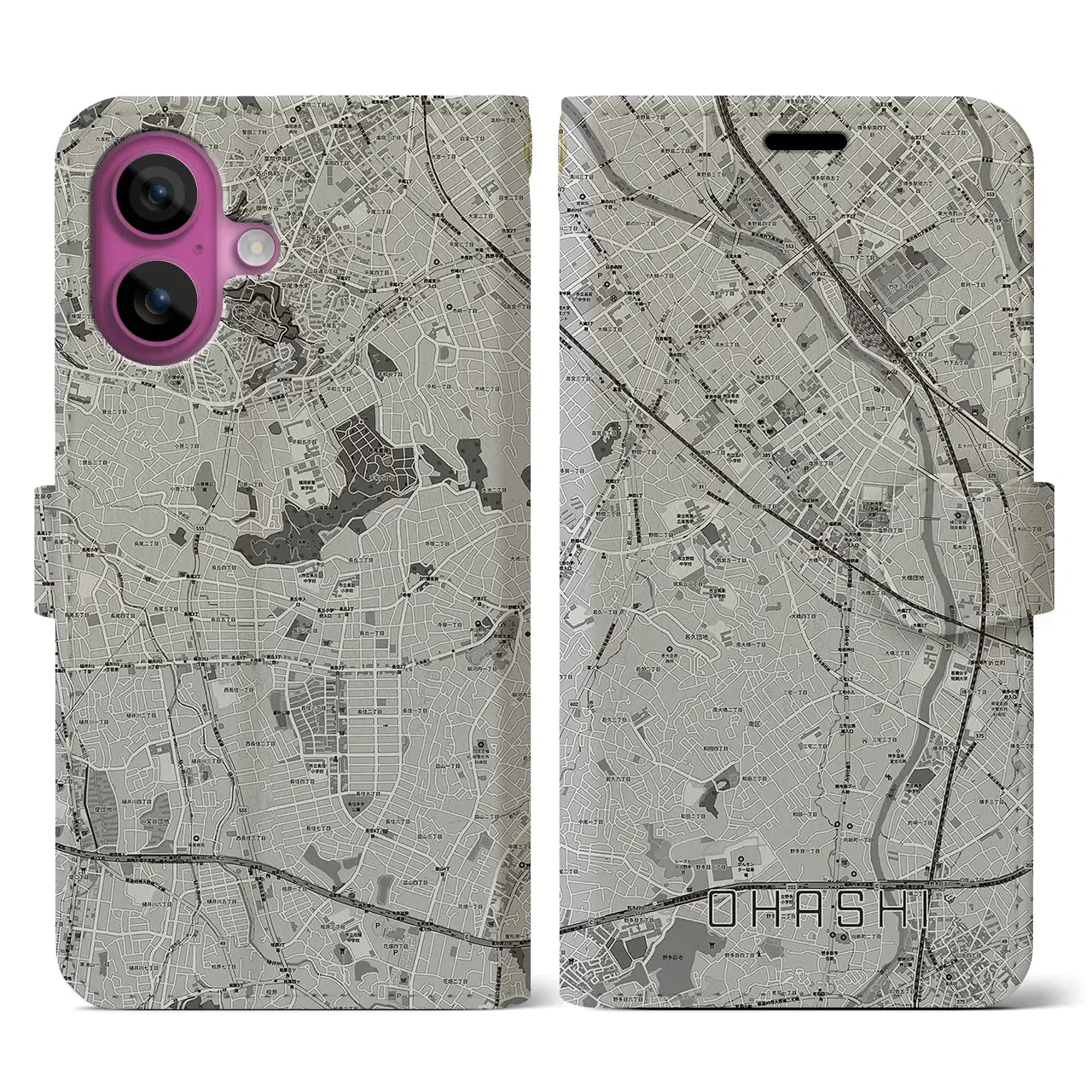 【大橋(福岡県)】地図柄iPhoneケース(手帳タイプ)モノトーン・iPhone 16 Pro 用