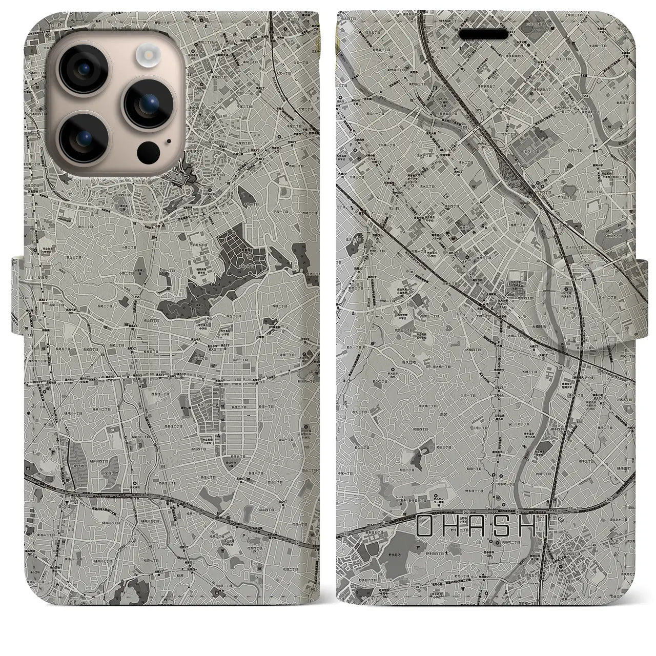 【大橋(福岡県)】地図柄iPhoneケース(手帳タイプ)モノトーン・iPhone 16 Plus 用