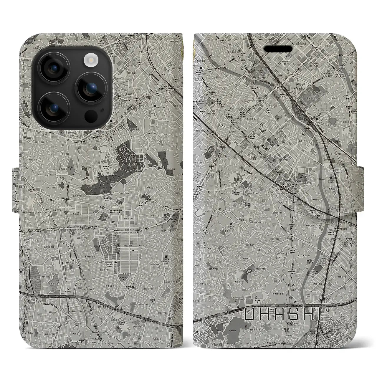 【大橋(福岡県)】地図柄iPhoneケース(手帳タイプ)モノトーン・iPhone 16 用