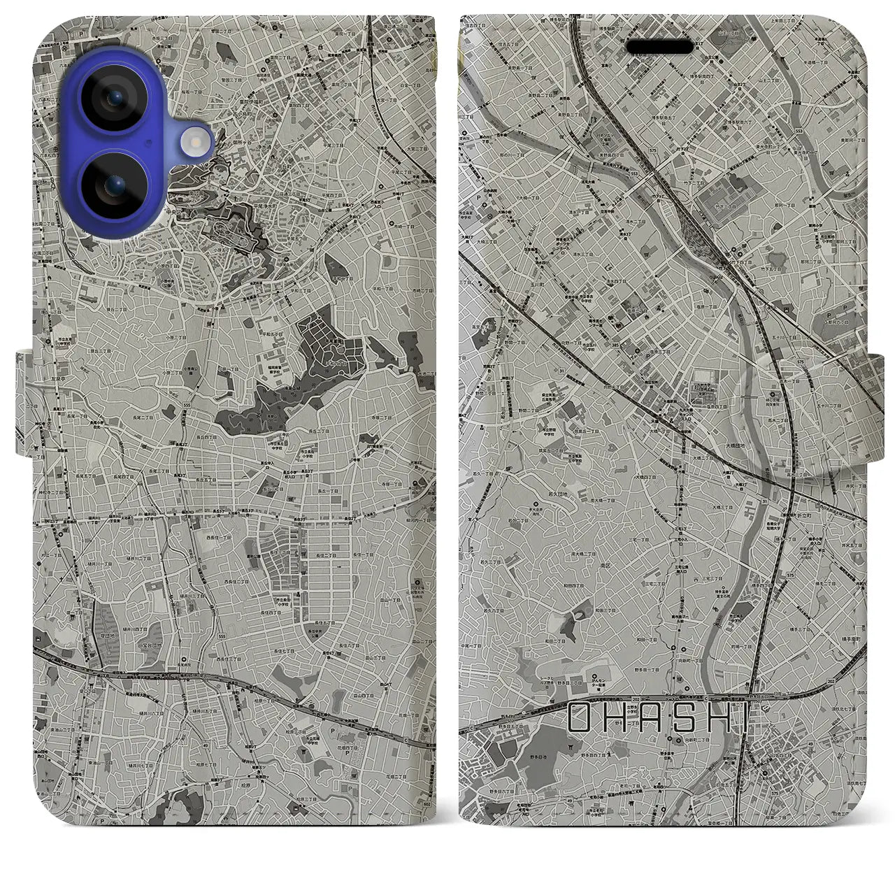 【大橋(福岡県)】地図柄iPhoneケース(手帳タイプ)モノトーン・iPhone 16 Pro Max 用