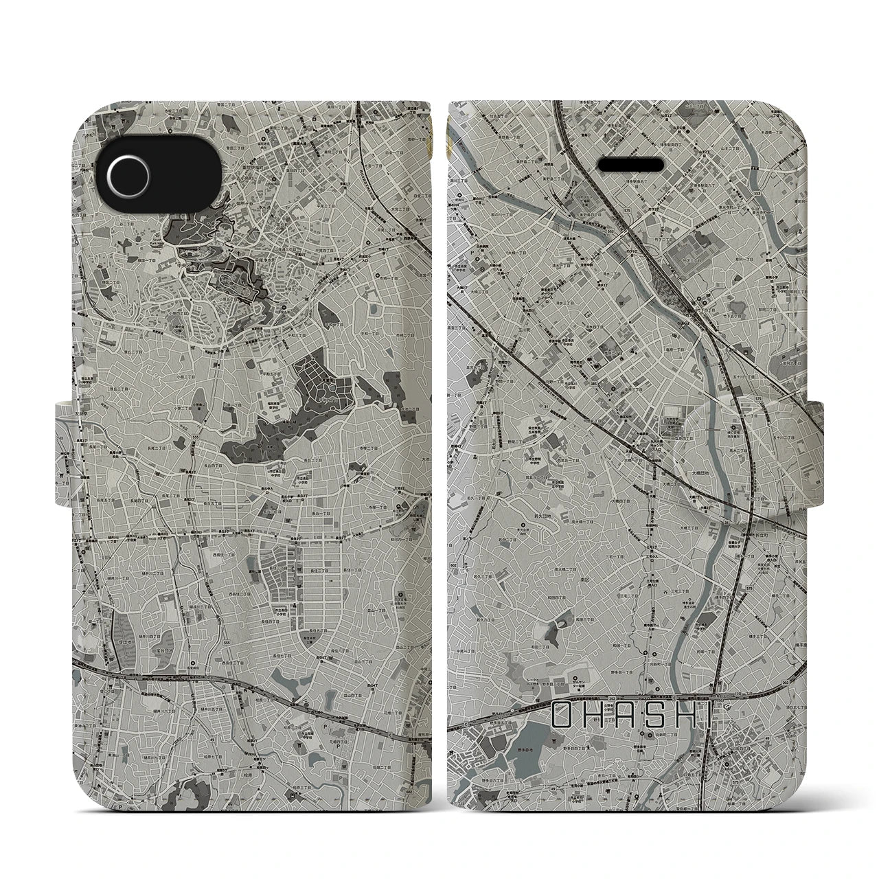 【大橋(福岡県)】地図柄iPhoneケース(手帳タイプ)モノトーン・iPhone SE(第3 / 第2世代) / 8 / 7 / 6s / 6 用